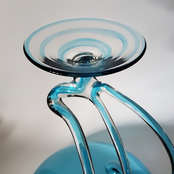 10 3/4" Tall Large Handcrafted Blown Art Glass Aqua Blue Jelly Fish🎐 Bowl 🇵🇱 - Picture 5 of 13